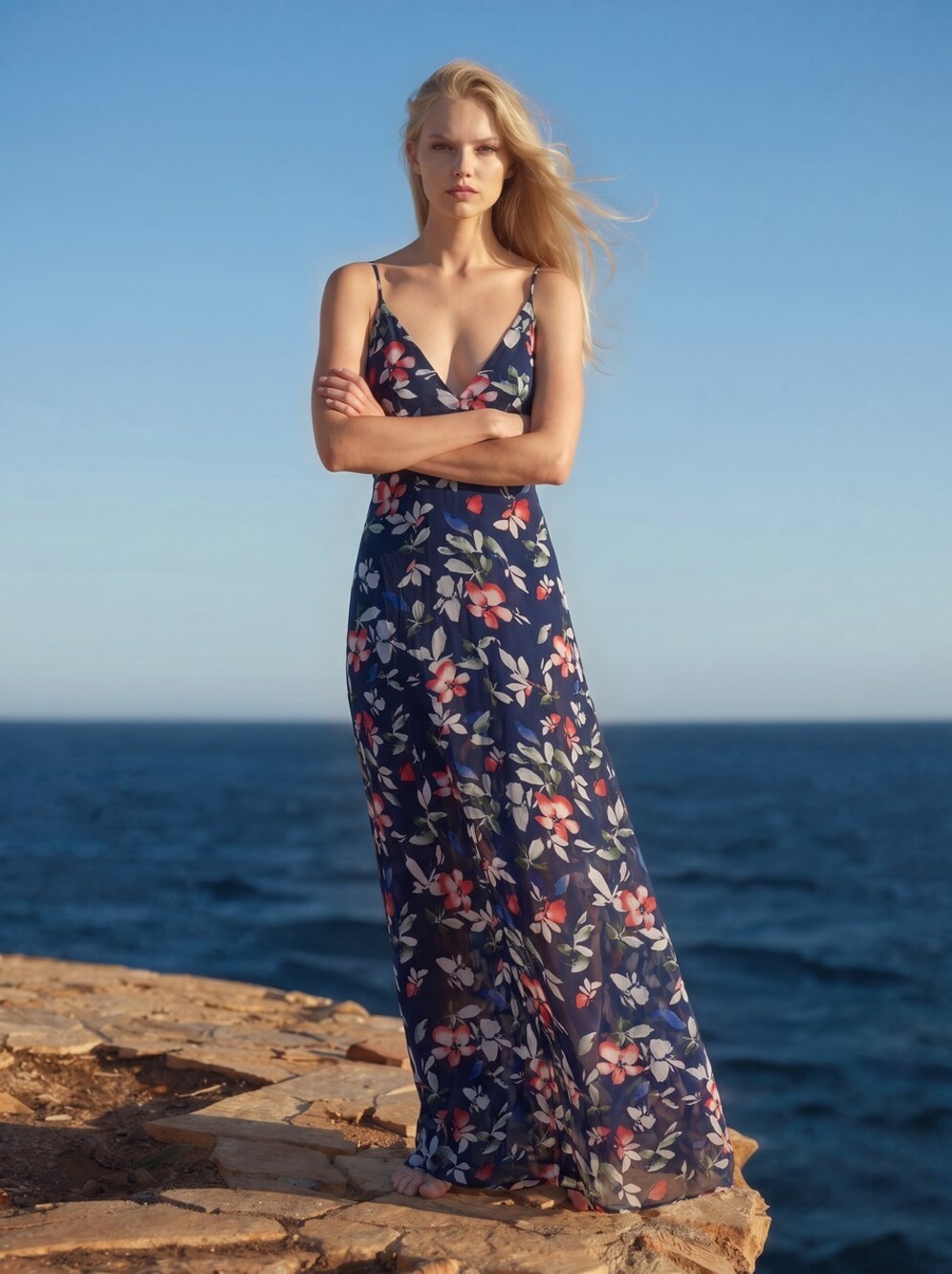 Navy Blue Floral Print Maxi Dress with Spaghetti Straps